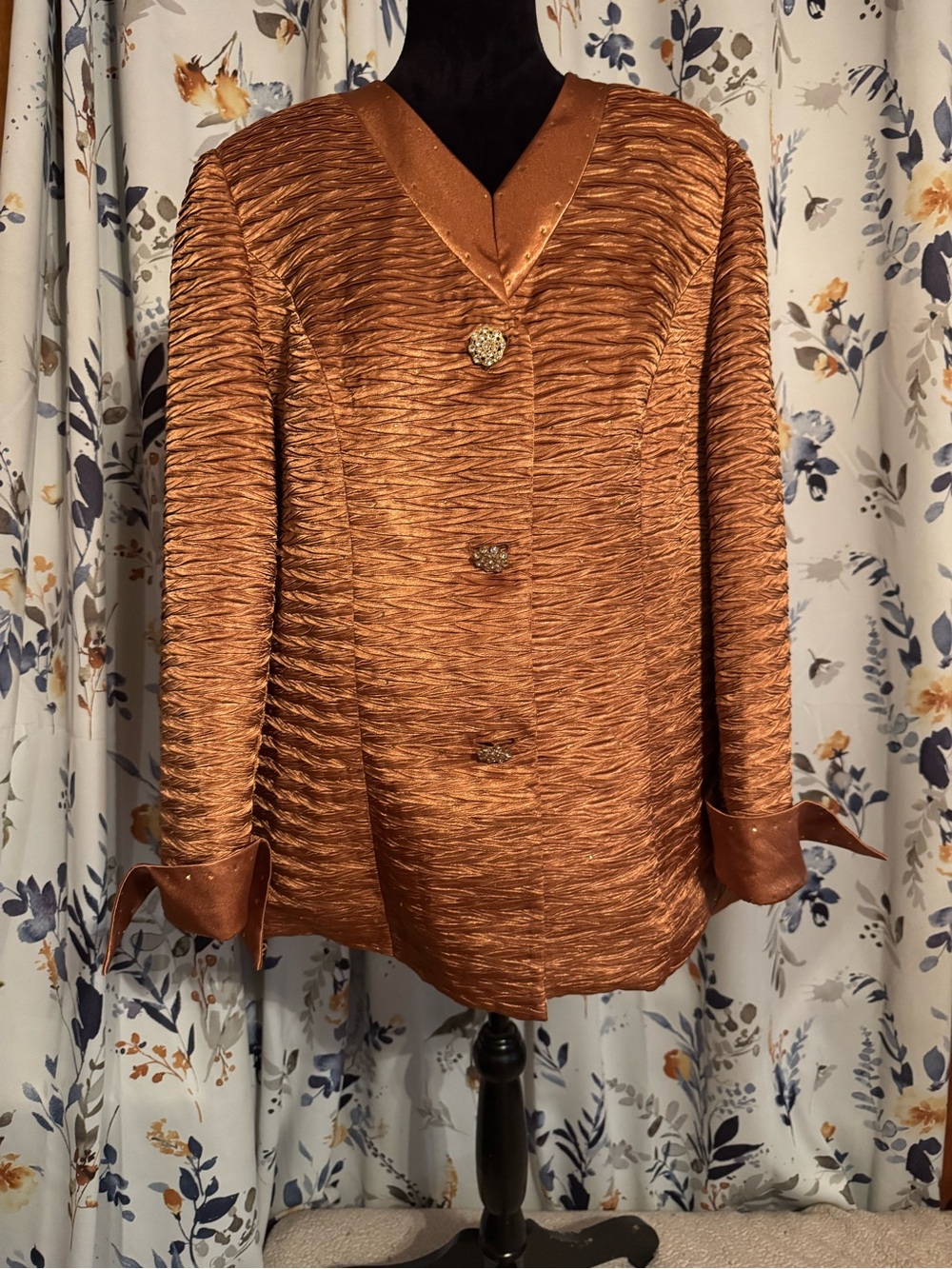 Women's VINTAGE Rust Textured Button Front Jacket Rhinestone Buttons B5